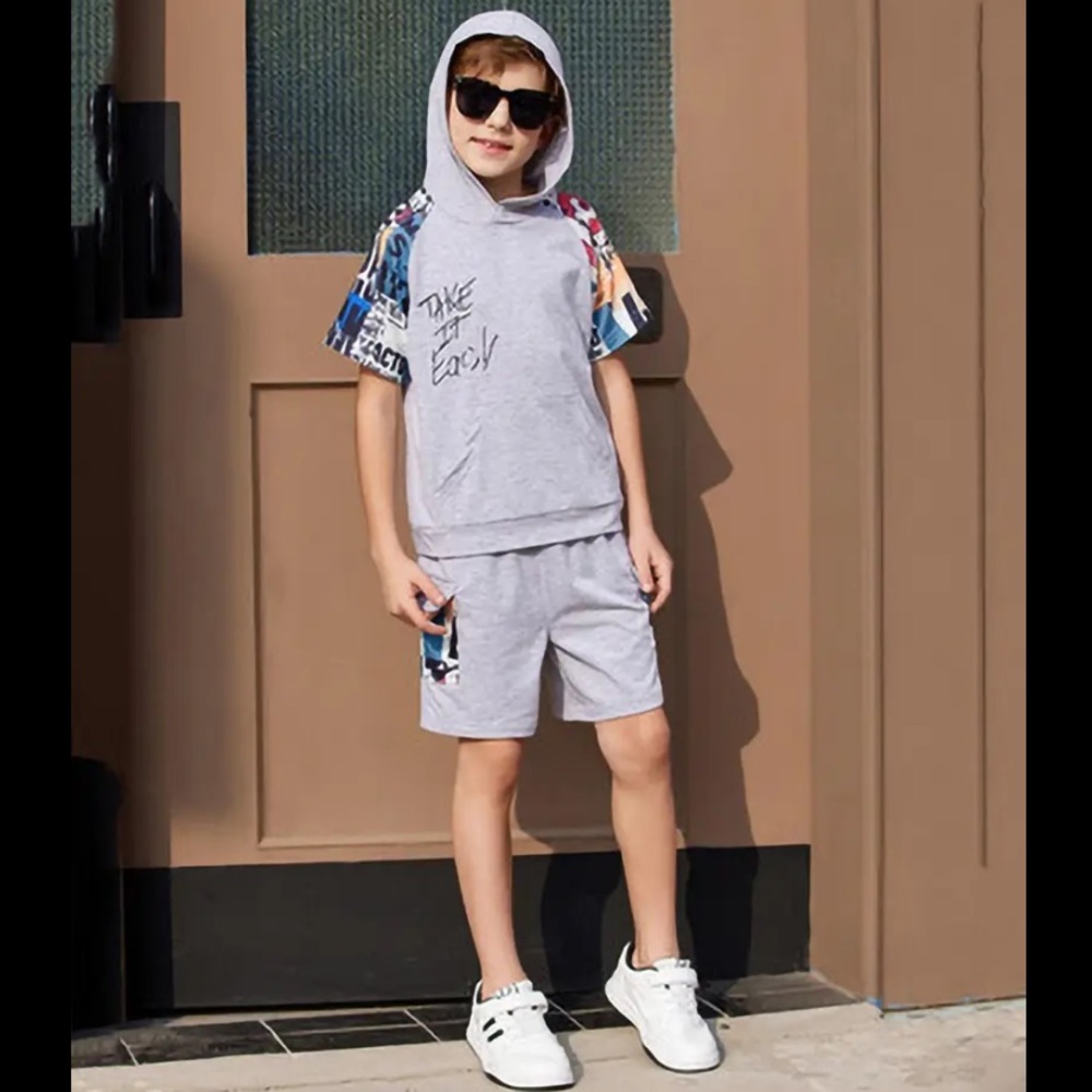 Boys Gray Graphic Short Sleeve Hoodie and Shorts Set - Picture 2 of 5